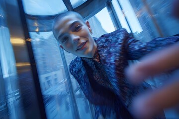 A freckled-cheeked, dark-haired model walks through a revolving glass door, turning back to smile at the camera in mid-motion. A velvet blazer lights up as she spins, one eye visible in the reflection