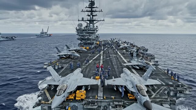 Military personnel on aircraft carrier deck