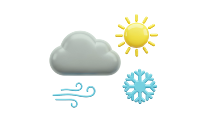 3D Weather Icons: Sun, Cloud, Wind, Snowflake