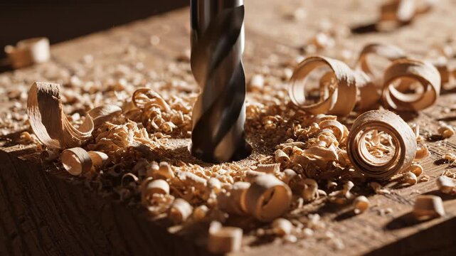 Drill bit on wooden surface