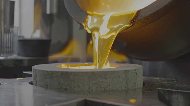 Molten metal is poured from a furnace into a circular mold, showcasing the continuous flow of liquid metal and the intense heat of the process in a foundry environment