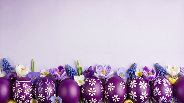 Purple Easter eggs decorated with flowers on pastel purple background with empty space for text