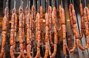 Traditional Chinese lunar new year food: dried sausage in chengdu city,China