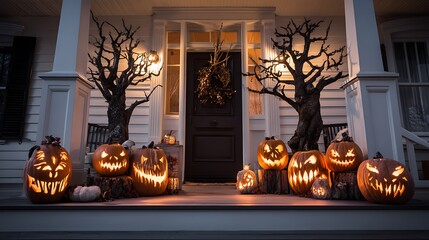 Radiantly lit carved pumpkins grace a porch, creating an enchanting atmosphere on Halloween night
