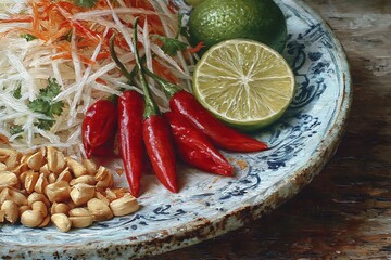 A vibrant plate of Som Tum salad with peanuts, chili peppers, lime, and shredded vegetables, a culinary delight.