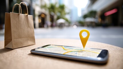 smartphone displaying a delivery tracking app with real-time location pinpoint of an order on a digital map, showing a shopping bag and route from online store to doorstep for modern e-commerce and ho