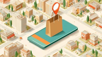 smartphone displaying a delivery tracking app with real-time location pinpoint of an order on a digital map, showing a shopping bag and route from online store to doorstep for modern e-commerce and ho