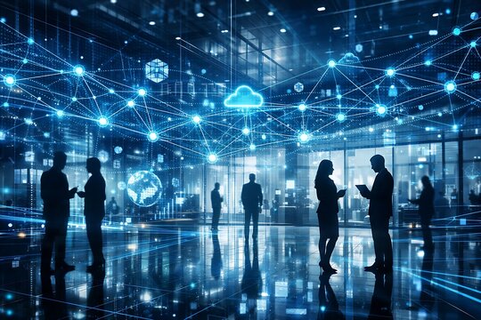 Futuristic Digital Workplace with Cloud Computing, Global Network, and AI Data Flow in Smart Business Environment