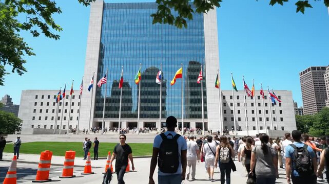 Crowd in front of modern building with flags