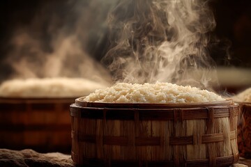 Steaming rice in woven baskets, a warm and inviting culinary scene with a focus on traditional cooking methods.