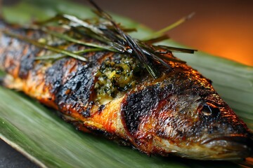 Grilled fish with herbs on a green leaf, a culinary delight showcasing fresh ingredients.