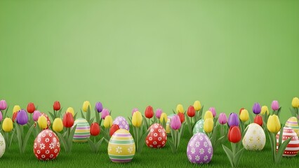 Colorful Easter eggs among blooming flowers on green background, blank space for text  