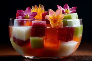 Exotic Fruit Jelly Dessert with Edible Flowers