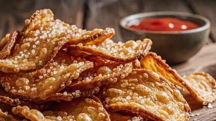 A delectable closeup shot of goldenbrown crispy fried pastries beautifully textured and sprinkled with fine sugar piled high on a rustic wooden surface with a small bowl of vibrant red dipping sauce .