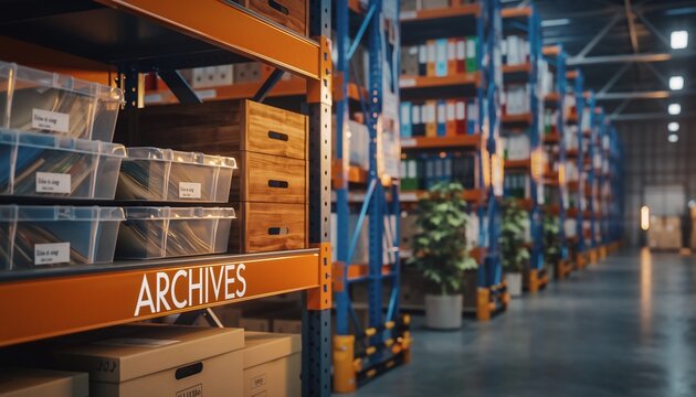 Organized archives with rows of shelves, storage boxes, and files in a modern warehouse, for business, order, and management