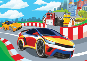 Cartoon scene with racing car on the track sports car near the city illustration for children