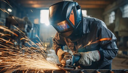 Skilled worker in protective gear using an angle grinder, creating bright sparks in an industrial setting, symbolizing hard work, construction, and manufacturing.