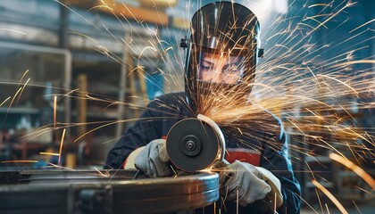 Dedicated craftsman wearing a welding mask using an angle grinder, generating a shower of sparks in a factory, perfect for themes of skilled labor, industry and innovation.