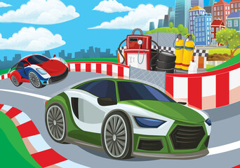 Cartoon scene with racing car on the track sports car near the city illustration for children
