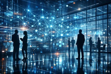 Futuristic Digital Workplace with Cloud Computing, Global Network, and AI Data Flow in Smart Business Environment