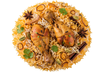 chicken biryani plate with saffron rice, fried onions, and aromatic spices