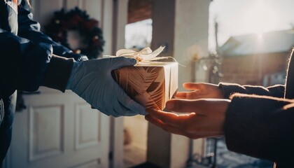 Gloved hands delivering a beautifully wrapped gold Christmas gift to another person, symbolizing holiday cheer, thoughtful gifting, and safe delivery amidst festive light.