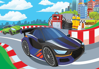 Cartoon scene with racing car on the track sports car near the city illustration for children
