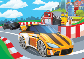 Cartoon scene with racing car on the track sports car near the city illustration for children
