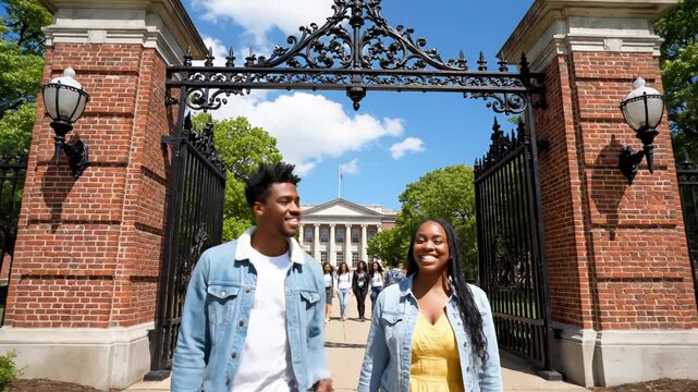 Couple walking through brick gate entrance