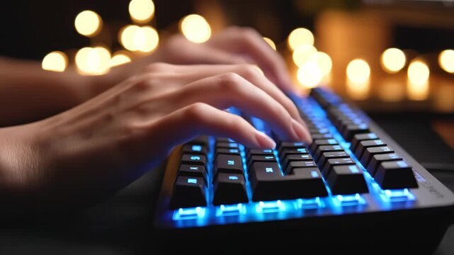 Hands typing on a backlit keyboard