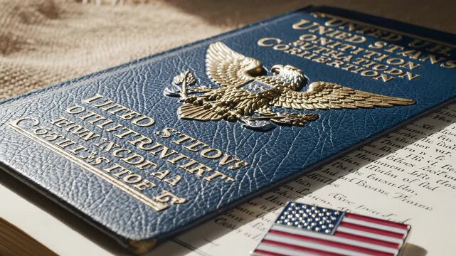 US passport on open book with flag pin