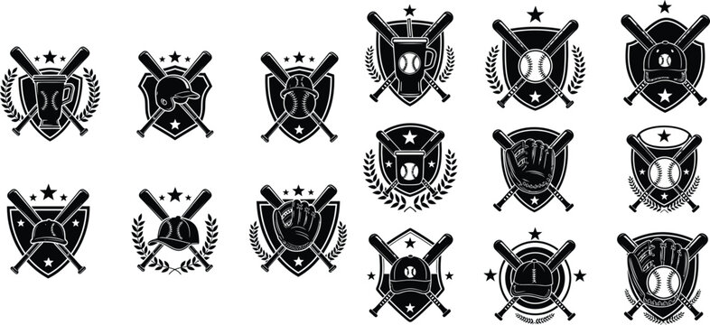 Assorted baseball emblems featuring bats, balls, helmets, and gloves within shield designs for team branding