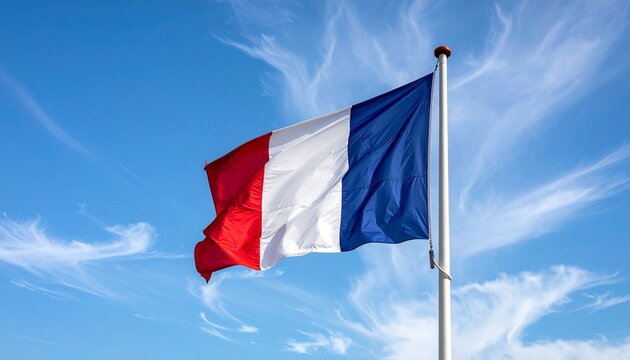 French flag waving on flagpole against bright blue sky with wispy clouds, national tricolor symbol