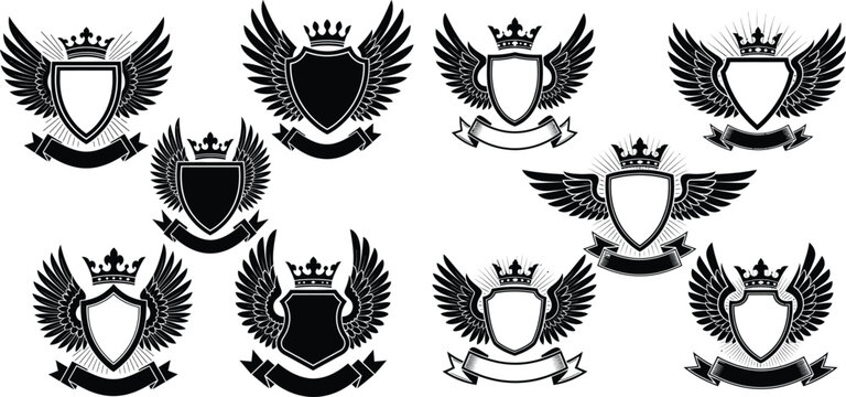 Black and white collection of royal heraldic emblems with crowned shields and majestic wings design elements