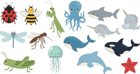 Large Collection of Cute Insects and Sea Animals Including Ladybug, Bee, Praying Mantis, Shark, Whale, and Dolphin. © MstSuborna