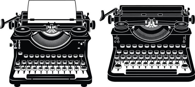 Classic vintage typewriters with mechanical keys and paper loaded, evoking a sense of history and traditional writing