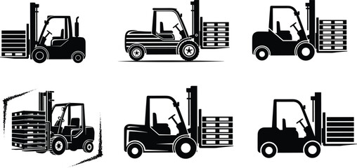 Forklift Industrial Truck Silhouette Icon Set, Warehouse Logistics Operations with Pallets and Cargo, Material Handling Equipment Vector Illustrations for Supply Chain and Distribution. © Motahar