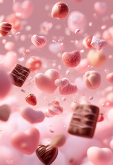 pastel pink valentine background, cute chocolate sweets floating softly, heart-shaped chocolates, strawberry chocolate, ribbons and small hearts, soft fluffy atmosphere, dreamy and sweet mood.