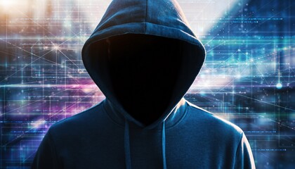 Anonymous hacker in a dark hooded sweatshirt standing in front of a futuristic digital background, a concept for cybersecurity, crime and technology