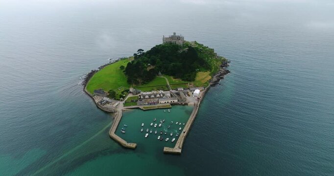 Aerial View Of Saint Michael's Mount With Castle, Harbor, And Mounts Bay In Cornwall, England.