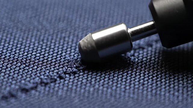 Metal tool damaging blue fabric