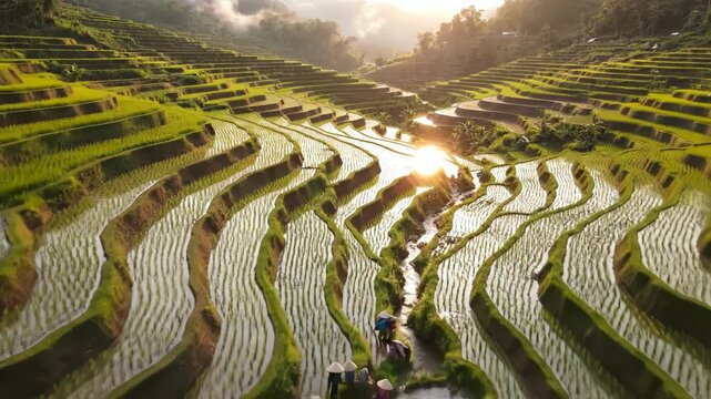 Terraced rice fields with workers at sunrise