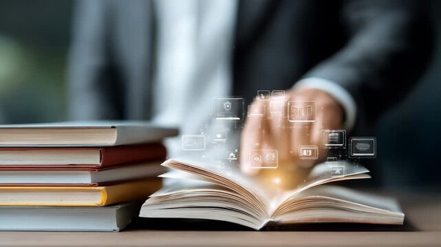 Medium shot capturing an advanced predictive AI analyzing book metadata on a digital interface to forecast classification categories efficiently.