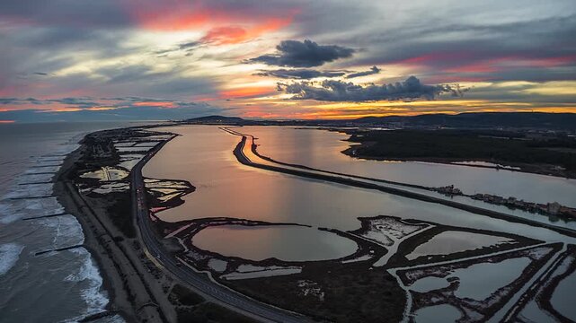 Hyperlapse of sunset in Les Aresquiers and Frontignan, France near Montpellier as cars travel Pont des Aresquiers, or Aresquiers Bridge.