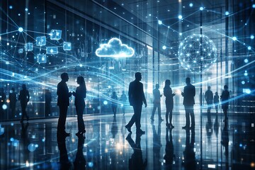 Futuristic Digital Workplace with Cloud Computing, Global Network, and AI Data Flow in Smart Business Environment
