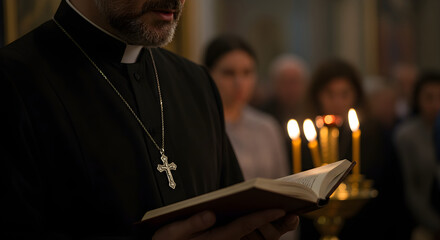 Christian priest in clerical clothing with cross necklace and Bible in temple or church performing sacred easter ritual with candles. portrait of Catholic clergyman. Religious and traditional concept
