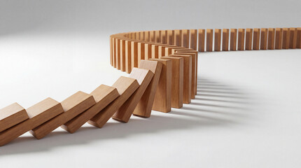 Wooden dominoes falling in a curved line on white background in a chain reaction