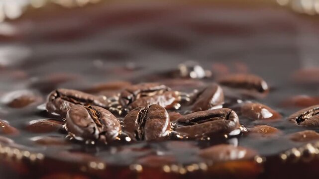 Close up of dark roasted coffee beans falling into dark liquid creating ripples.