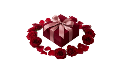 Luxury Red Gift Box with Roses on White Background