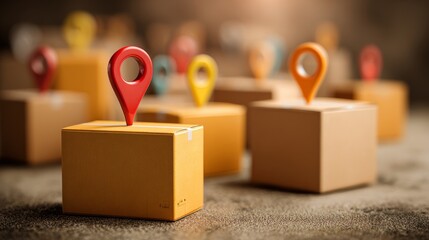 Ecommerce and online business concept with delivery boxes, packages marked with location pins, and digital tracking symbols for efficient shipping, logistics, and global order fulfillment